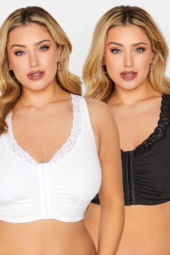 Yours Curve Black 2 Pack Lace Trim Front Fastening Bra (K45287) | £31