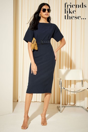 Friends Like These Navy Blue Tailored Short Sleeve Belted Midi Dress (K45357) | £45