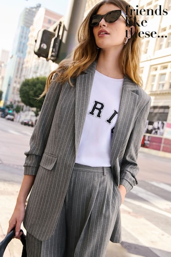 slogan-print pullover hooded jacket Grey Pinstripe Edge to Edge Tailored Blazer (K45386) | £48