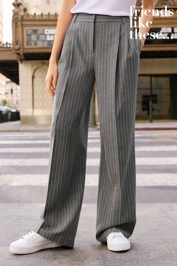 Friends Like These Grey Pinstripe Wide Leg Button Front Smart Workwear Trousers (K45387) | £36