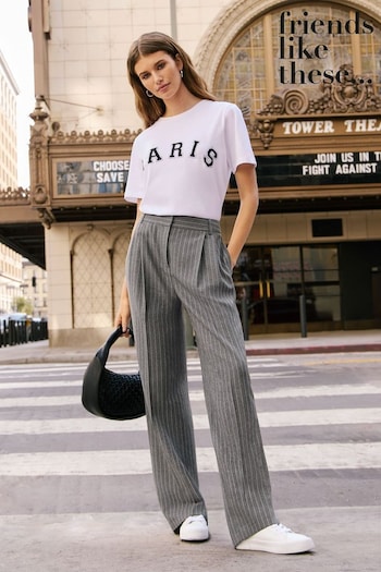 karl lagerfeld kids choupette t shirt dress item Grey Pinstripe Petite Wide Leg Button Front Smart Workwear Trousers (K45390) | £36