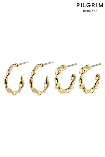 PILGRIM Gold Plated Storm Recycled Twirled Hoop Earrings 2-I-1 Set (K45407) | £28