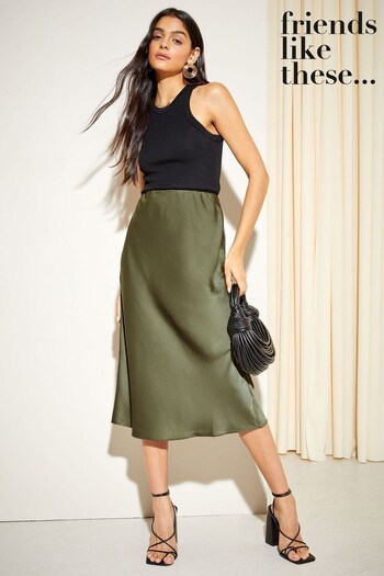 Friends Like These Green Olive Satin Bias Summer Midi Skirt (K45457) | £29
