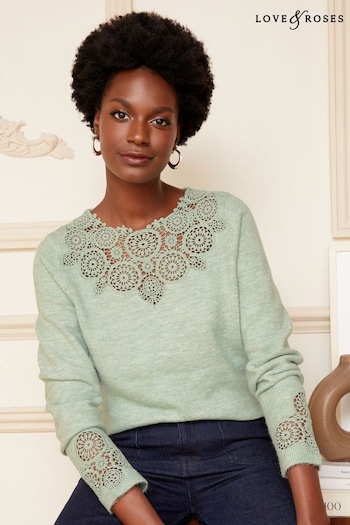 Love & Roses Green Petite Round Neck Crochet Mix Long Sleeve Jumper (K45478) | £44