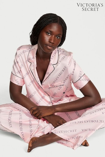 Victoria's Secret Purest Pink Diagonal Logo Short Sleeve Satin Long Pyjamas (K45587) | £69