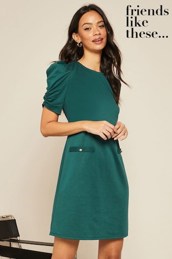 Christmas at Home Green Short Puff Sleeve Round Neck Shift Dress (K45768) | £35