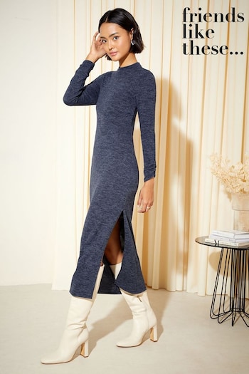 Friends Like These Navy Blue Soft Touch High Neck Long Sleeve Split Sides Column Knit Midi Dress (K45772) | £35