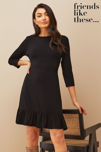 Short Sleeved Sets Jet Black Fit And Flare Round Neck 3/4 Sleeve Dress (K45776) | £29