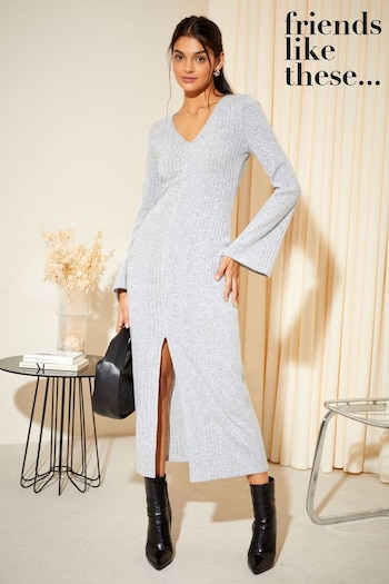 Friends Like These Grey Soft Touch Rib V Neck Knit Midi Dress (K45780) | £36