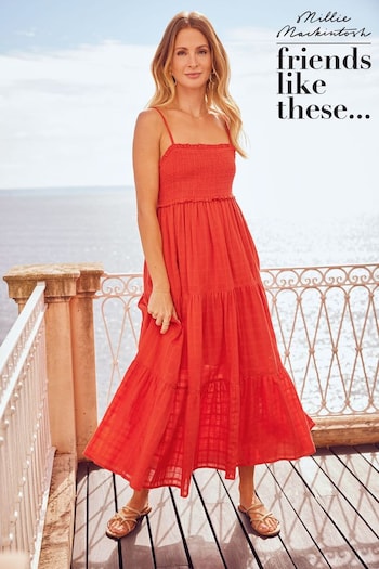 Friends Like These Red Strappy Ruched Texture Tiered Midi Summer Dress (K45813) | £42