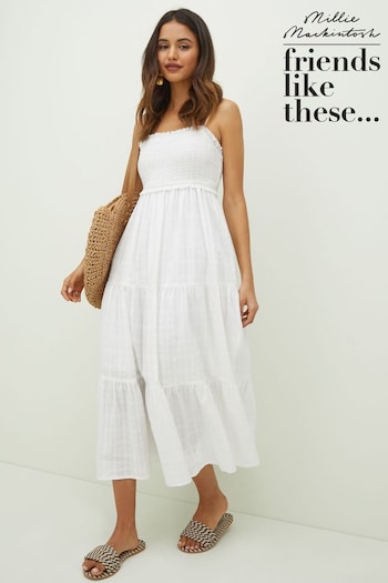 Friends Like These White Strappy Ruched Texture Tiered Midi Summer Dress (K45814) | £42