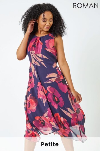 Roman Purple & Pink Petite Sleeveless Floral Chiffon Dress (K45996) | £48