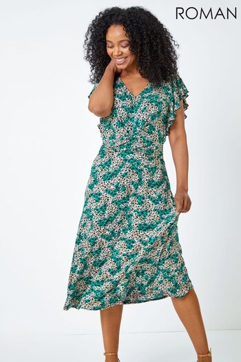 Roman Green Multi Twist Front Floral Dress (K45999) | £40