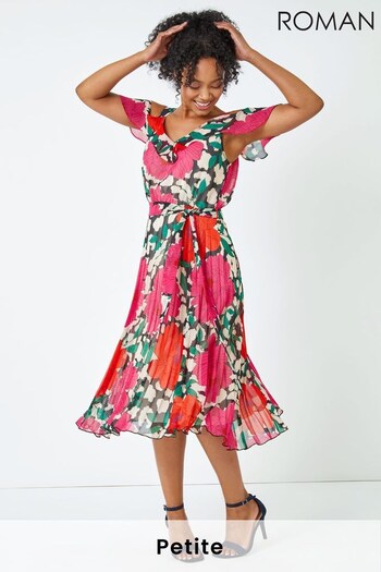 Roman Pink Multi Petite Cold Shoulder Floral Midi Dress (K46005) | £65