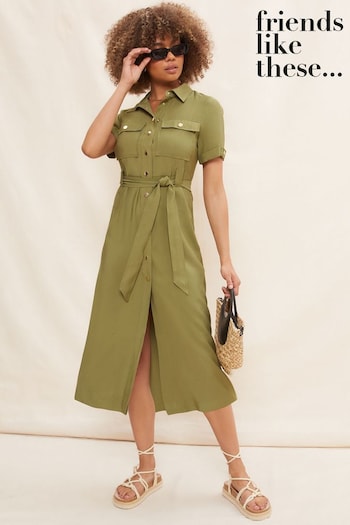 Protectors & Toppers Khaki Green Utility Short Sleeve Belted Pocket Button Up Midi Dress (K46168) | £49