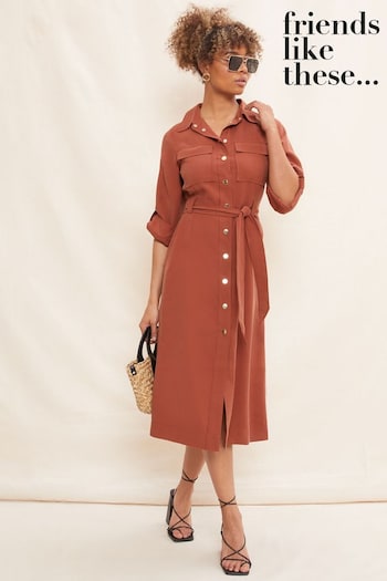 Friends Like These Red Utility Belted Long Sleeve Midi Shirt Dress (K46182) | £49
