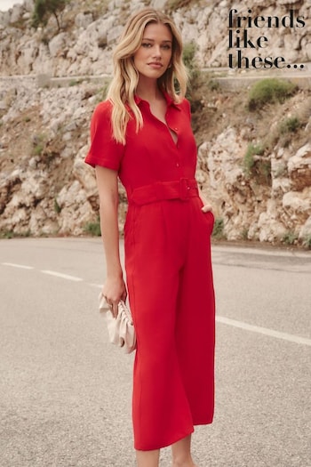 Friends Like These Red Utility Belted Short Sleeve Wide Leg Jumpsuit (K46189) | £56