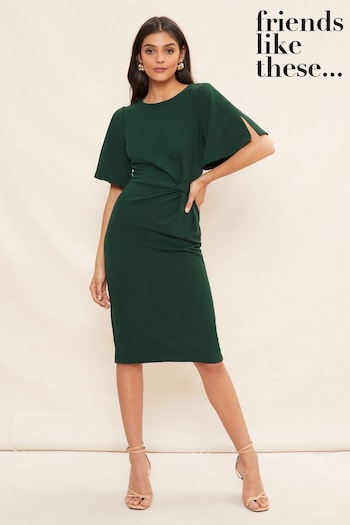 Protectors & Toppers Green Tailored Knot Detail Flutter Sleeve Midi Dress (K46195) | £44