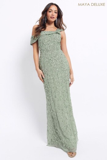Maya Green All Over Embellished Asymmetric Maxi Dress (K46253) | £155