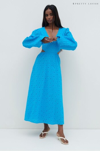 Pretty Lavish Santorini Blue Amber Cut Out Broderie Midaxi Industry Dress (K46296) | £78