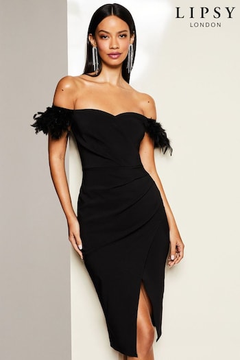 Lipsy Black Feather Bardot Midi Bodycon Dress (K46392) | £75