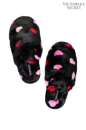 Victoria's Secret Black Multi Heart Closed Toe Faux Fur Slippers (K46609) | £35