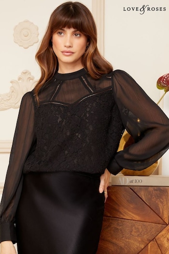 Tops & T-Shirts Black Lace High Neck Lace Trim Long Sleeve Blouse (K46633) | £40