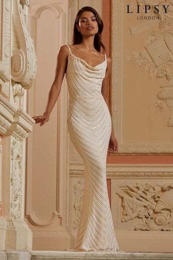 Lipsy White Petite Paige Sequin Cami Cowl Bridesmaid Dress (K46634) | £136