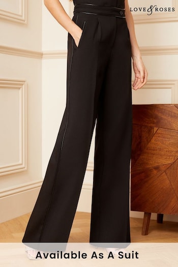 Love & Roses Black PU Trim Petite High Waist Wide Leg Tailored Trousers (K46638) | £40