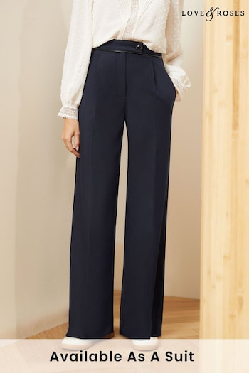 Love & Roses Navy Blue PU Trim High Waist Wide Leg Tailored Boyfriend Trousers (K46639) | £40