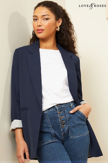 Love & Roses Navy Blue Striped Lining Edge To Edge Tailored Blazer (K46643) | £62