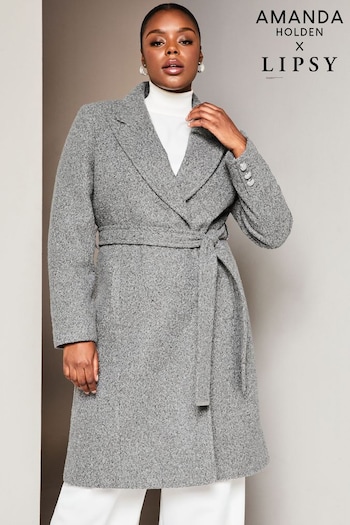 Lipsy Grey Curve Relaxed Belted Boucle Smart Wrap Trench Coat (K46694) | £90