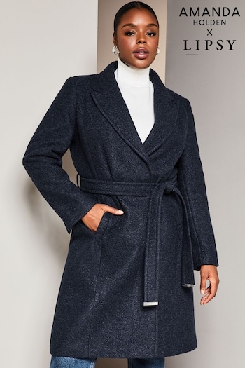 Lipsy Navy Blue Curve Relaxed Belted Boucle Smart Wrap Trench Coat (K46695) | £90