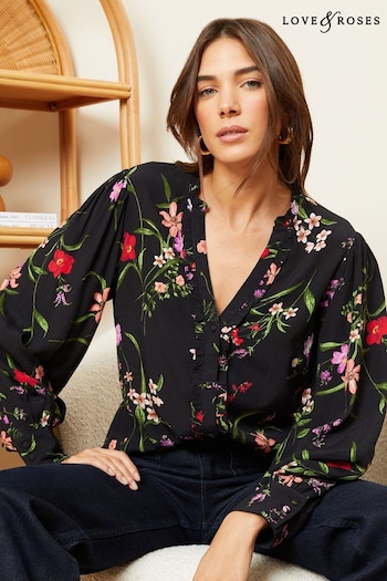 Gifts Under £30 Black and White Floral Ruffle Trim V Neck Long Sleeve Blouse (K46697) | £36