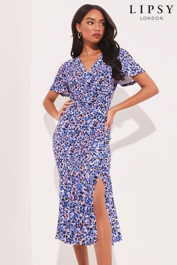 Lipsy Blue Animal Petite Jersey Print Flutter Sleeve Ruched Wrap Midi Dress (K46952) | £48