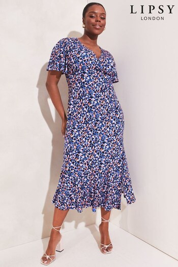 Lipsy Blue Animal Curve Jersey Print Flutter Sleeve Ruched Wrap Midi Dress (K46954) | £48