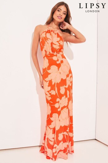 Lipsy Orange / Red Floral Jersey Underbust Halter Maxi Dress (K46969) | £46