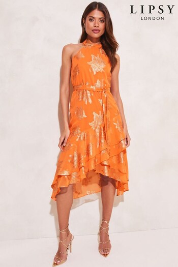 Lipsy Orange Metallic Tiered Halter Belted Midi Dress (K46976) | £62