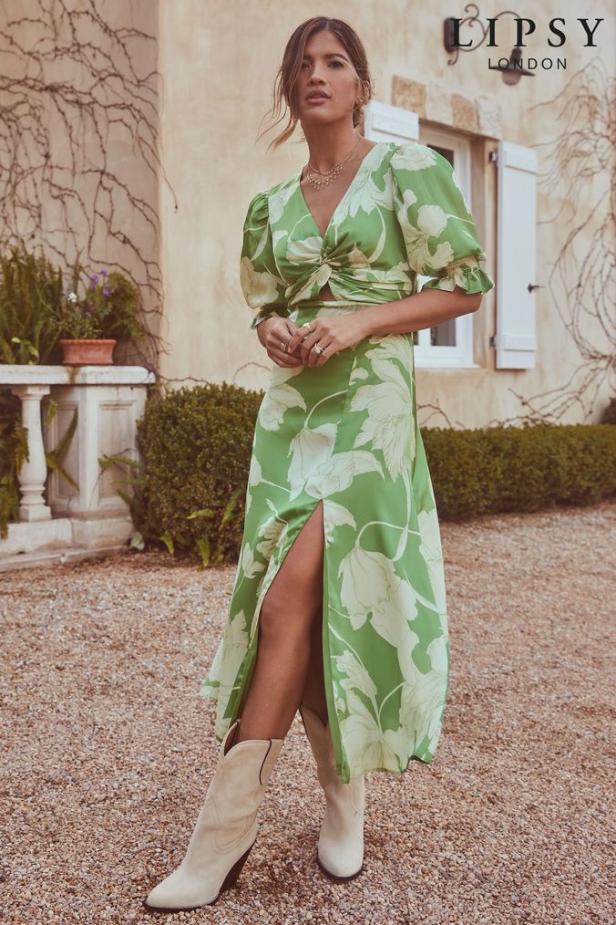 Lipsy Green Print Short Puff Sleeve V Neck Twist Front Midi Dress (K46981) | £64