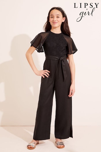 Lipsy Black Lace Front Tie Short Flutter Sleeve Jumpsuit (K47063) | £28 - £36