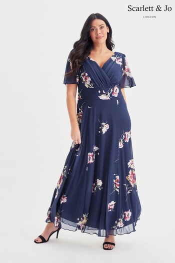 Scarlett & Jo Navy Floral Isabelle Angel Sleeve Maxi Dress (K47101) | £95