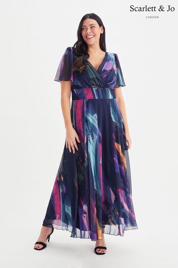 Scarlett & Jo Navy & Purple Multi Brush Stroke Isabelle Angel Sleeve Maxi Dress (K47110) | £95