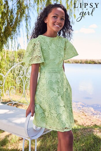 Lipsy Green Angel Sleeve Lace Occasion Dress (K47130) | £42 - £50