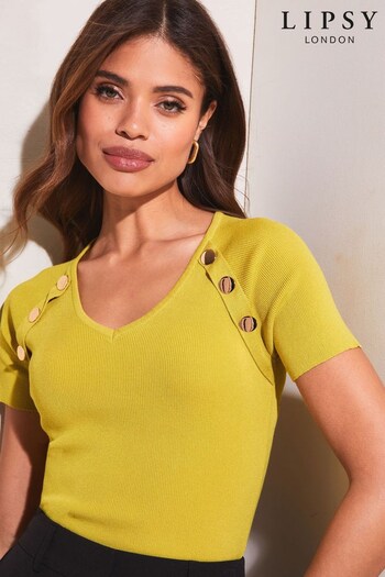 Lipsy Lime Green V Neck Button Detail Knitted T-Shirt (K47310) | £35