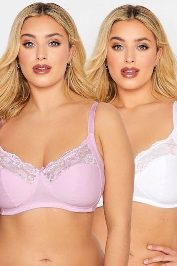 Yours Curve Pink 2 Pack Non Wired Cotton Lace Trim Bra (K47491) | £36