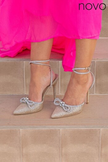 Novo Gold Regular Fit Zoobibi Ankle Strap Diamante Bow Court Shoe (K47689) | £44