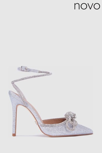 Novo Silver Regular Fit Zoobibi Ankle Strap Diamante Bow Court Shoe (K47690) | £44