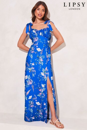 Lipsy Blue Floral Petite Jersey Print Tie Strap Sweetheart Maxi Dress (K47755) | £38