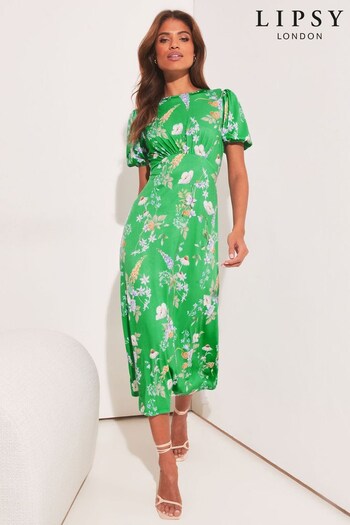 Lipsy Green Floral Petite Jersey Puff Short Sleeve Underbust Summer Midi Dress (K47766) | £46