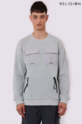 Religion Grey Regular Fit Crew Neck Sweat With Chest Pockets (K47798) | £70